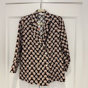 Graphic Fan-Print Button Front Blouse - Black & Beige